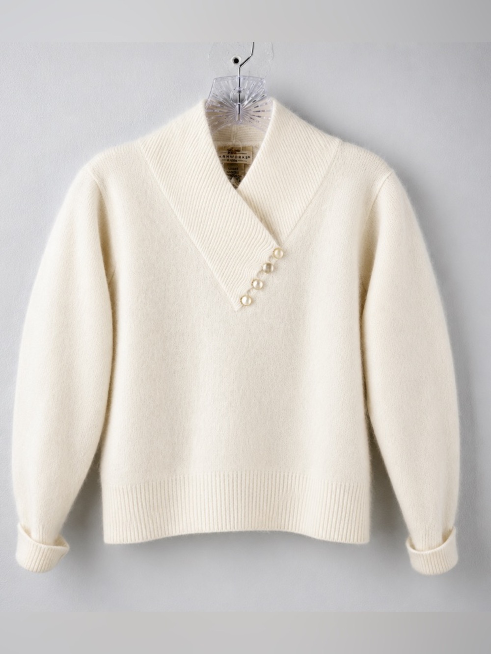 Vintage Yarnworks Angora Lambswool Sweater Cream Pearly Button Soft Fuzzy Knit L